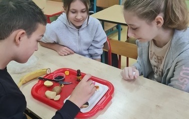 Uczniowie przeprowadzają eksperyment wykrywania skrobi w produktach spożywczych