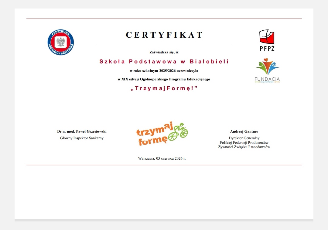 Zdjęcie do Otrzymaliśmy certyfikat XIX edycji programu Trzymaj Formę!