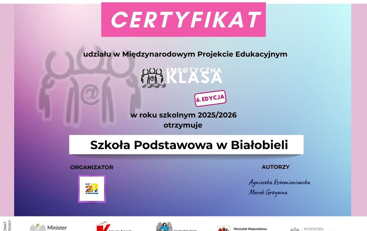 Zdjęcie do Certyfikat dla naszej szkoły za udział w projekcie Empatyczna Klasa