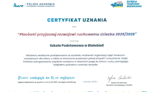 Zdjęcie do Szkoła z certyfikatem Plac&oacute;wki Przyjaznej Rozwojowi Ruchowemu Dziecka 2025/2026