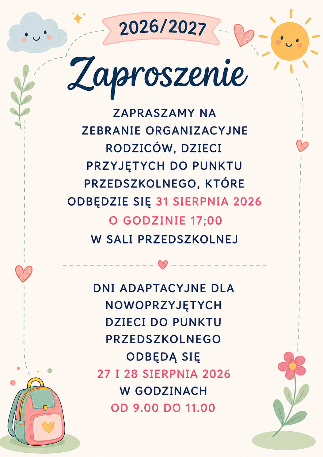 Zdjęcie do Dni adaptacyjne/ zebranie z rodzicami w punkcie przedszkolnym 2026/2027
